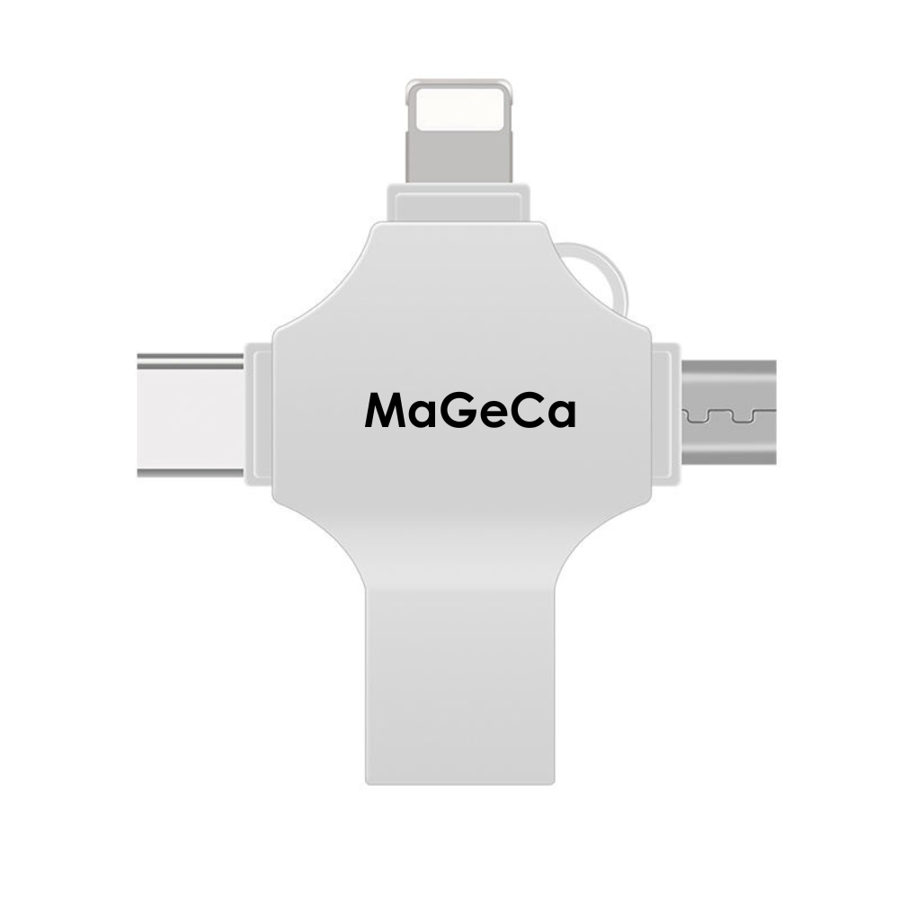 Stick de memorie metalic MaGeCa® 64 GB, Multi port 4 in 1, USB 3.0/ USB Type-C/ Lightning/ Micro-USB, Compatibil iPhone/ Android, 80 MB/s viteza transfer si citire date, Argintiu [1]
