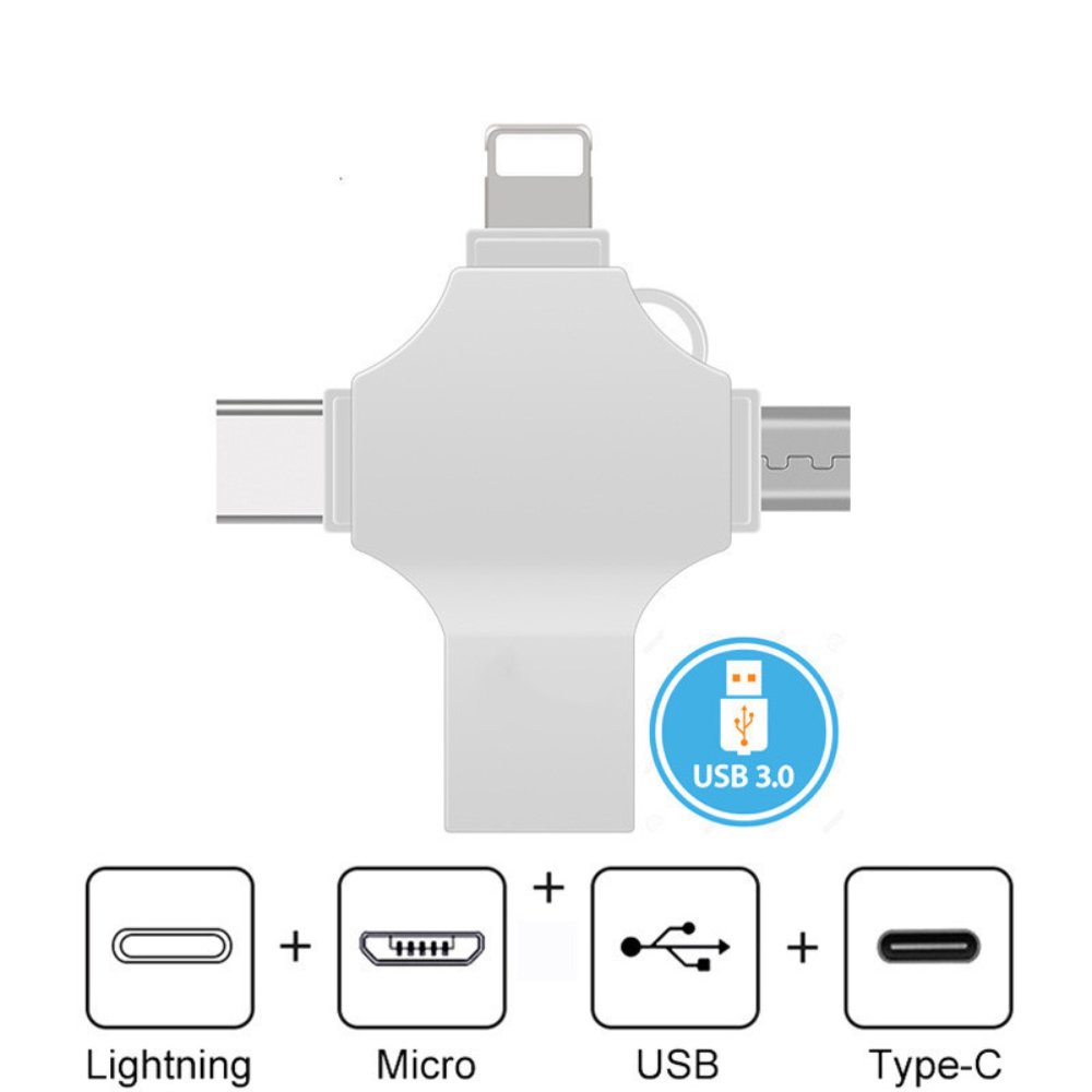 Stick de memorie metalic MaGeCa® 64 GB, Multi port 4 in 1, USB 3.0/ USB Type-C/ Lightning/ Micro-USB, Compatibil iPhone/ Android, 80 MB/s viteza transfer si citire date, Argintiu [6]