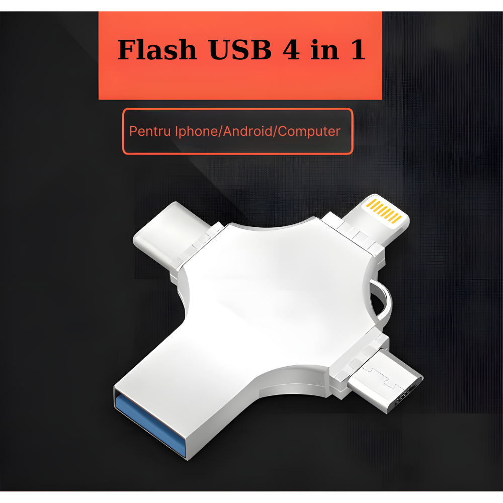 Stick de memorie metalic MaGeCa® 64 GB, Multi port 4 in 1, USB 3.0/ USB Type-C/ Lightning/ Micro-USB, Compatibil iPhone/ Android, 80 MB/s viteza transfer si citire date, Argintiu [4]