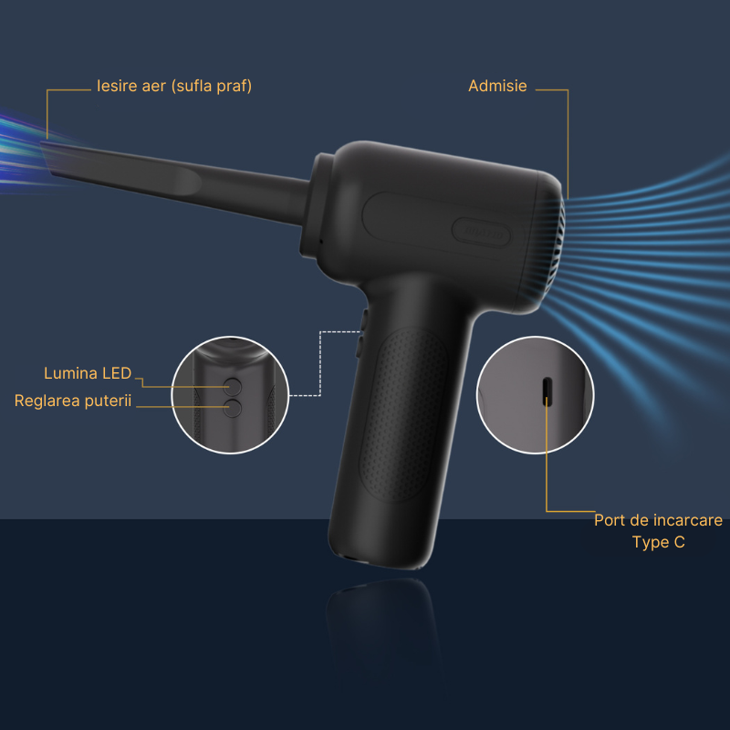 Suflanta aer si aspirator MaGeCa® 2 in 1, fara fir, multiple accesorii, lanterna LED, 3 trepte de viteza, pentru casa si masina, incarcare USB-C, 68 W [3]