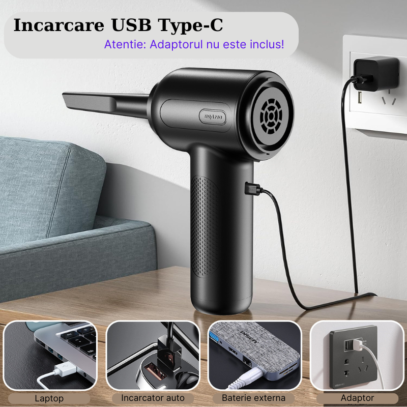 Suflanta aer si aspirator MaGeCa® 2 in 1, fara fir, multiple accesorii, lanterna LED, 3 trepte de viteza, pentru casa si masina, incarcare USB-C, 68 W [5]