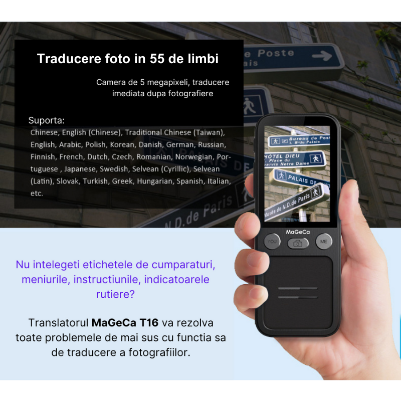 Translator inteligent MaGeCa® T16, Traducere vocala bidirectionala in 137 de limbi online si offline, Traducator text, fotografii in 55 de limbi, WIFI, Ecran tactil 2.4 inchi, 8Gb, Negru [7]