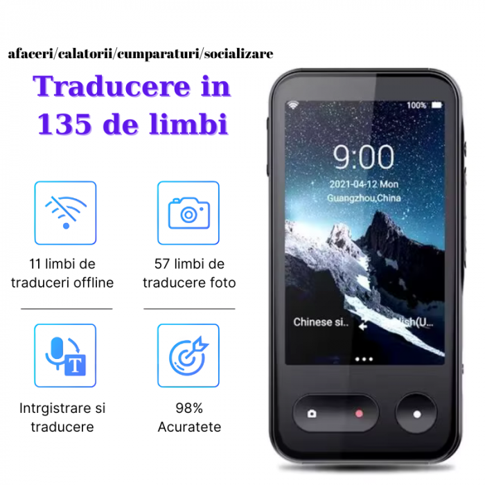 Translator intelligent MaGeCa T7, 4G, WIFI, Bluetooth, HotSpot, Inteligenta artificiala AI ChatGPT, Traducere vocala bidirectionala in 135 de limbi, Traducere foto in 57 de limbi, Traducere text, Ecra [10]