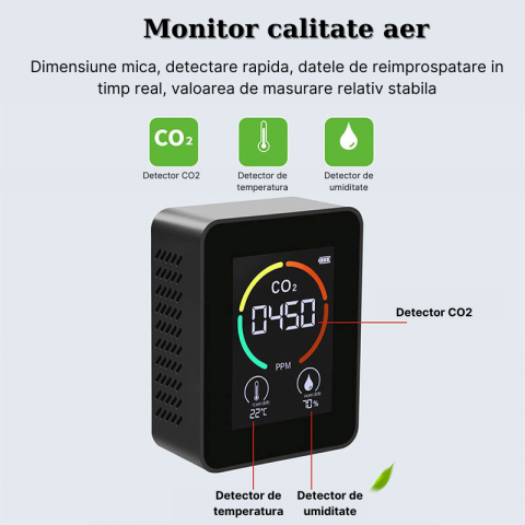 Aparat pentru masurarea calitatii aerului MaGeCa, 3 in 1, detector CO2-dioxid de carbon, senzor temperatura si umiditate, Negru [4]