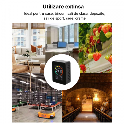 Aparat pentru masurarea calitatii aerului MaGeCa, 3 in 1, detector CO2-dioxid de carbon, senzor temperatura si umiditate, Negru [7]