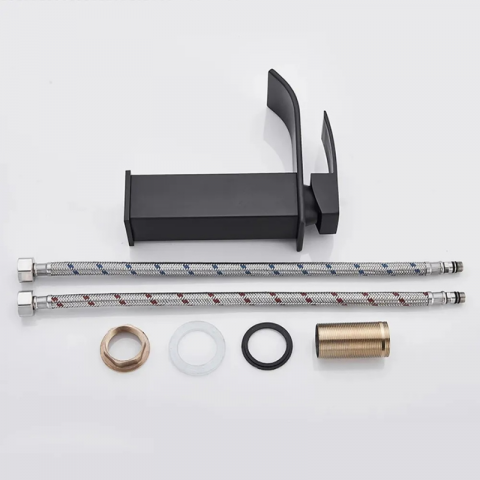 Baterie sanitara pentru lavoar, Tip cascada, Otel inoxidabil, Monocomanda, Racorduri incluse, Cartus ceramic, Design modern, 18 cm inaltime, Negru mat [2]