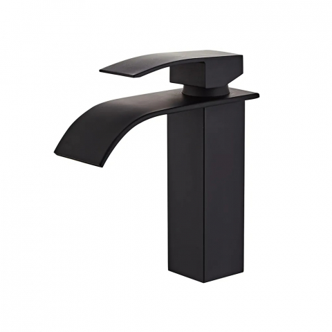 Sanitare - Baterie sanitara pentru lavoar, Tip cascada, Otel inoxidabil, Monocomanda, Racorduri incluse, Cartus ceramic, Design modern, 18 cm inaltime, Negru mat