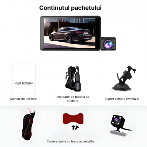 Camera auto de bord tripla MaGeCa®, Full HD 1080P, 3 camere, fata+interior+marsarier, Senzor de coliziune G-senzor, Filmare continua, Vedere nocturna, Display 4 inch, Unghi inregistrare 170°, Negru [7]