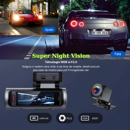 Camera auto dubla MaGeCa,  4K Ultra HD fata si spate, WIFI, Control aplicatie, Senzor de coliziune G-senzor, GPS incorporat, Inregistrare in bucla, Mod parcare, Vedere nocturna, Ecran IPS 3.19 inch, T [8]