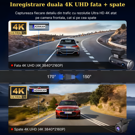 Camera auto dubla MaGeCa,  4K Ultra HD fata si spate, WIFI, Control aplicatie, Senzor de coliziune G-senzor, GPS incorporat, Inregistrare in bucla, Mod parcare, Vedere nocturna, Ecran IPS 3.19 inch, T [3]