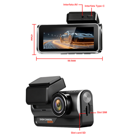 Camera auto dubla MaGeCa, Conexiune 4G cartela SIM, Camera fata UHD 4K + camera spate Full HD 1080P, Ecran 3.69 inch, Monitorizare de la distanta, GPS integrat,  Functii ADAS + BSD, G-senzor, Inregist [6]