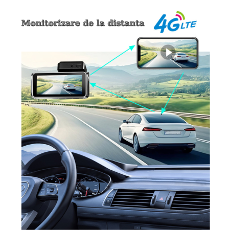 Camera auto dubla MaGeCa, Conexiune 4G cartela SIM, Camera fata UHD 4K + camera spate Full HD 1080P, Ecran 3.69 inch, Monitorizare de la distanta, GPS integrat,  Functii ADAS + BSD, G-senzor, Inregist [1]