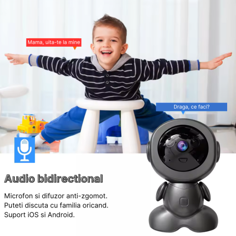 Camera de supraveghere tip robot Q01-H, WIFI, 3MP Full HD 1080P, Functie babymonitor, Vedere nocturna, Comunicare bidirectionala, Detectare miscare, Stocare card SD/Cloud, Rotire orizontal 355°/vertic [5]