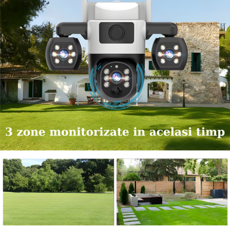 Camera de supraveghere tripla cu panou solar MaGeCa, 4G, Cartela SIM, 6MP Full HD, Baterie 8000 mAh, Panou solar 8W, 3 zone supravegheate simultan, Comunicare bidirectionala, Vedere nocturna, Detectar [1]