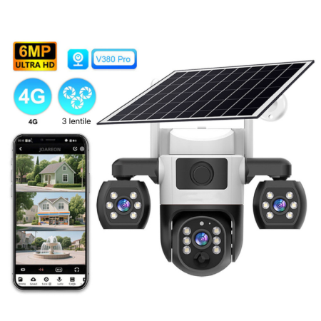 Camere de supraveghere - Camera de supraveghere tripla cu panou solar MaGeCa, 4G, Cartela SIM, 6MP Full HD, Baterie 8000 mAh, Panou solar 8W, 3 zone supravegheate simultan, Comunicare bidirectionala, Vedere nocturna, Detectar