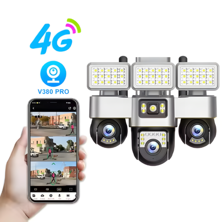 Camere de supraveghere - Camera de supraveghere tripla MaGeCa 4G cu proiector LED, Cartela SIM, 12MP Full HD, 3 zone supravegheate simultan, Comunicare bidirectionala, Detectarea miscarii, Vedere nocturna, Rezistanta la apa I