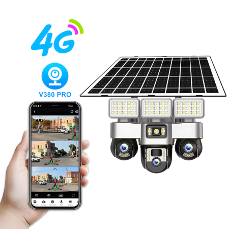 Camere de supraveghere - Camera de supraveghere tripla MaGeCa cu panou solar si proiector LED, Cartela SIM, 4G, 15MP Full HD, 3 zone supravegheate simultan, Comunicare bidirectionala, Detectarea miscarii, Vedere nocturna, Rez