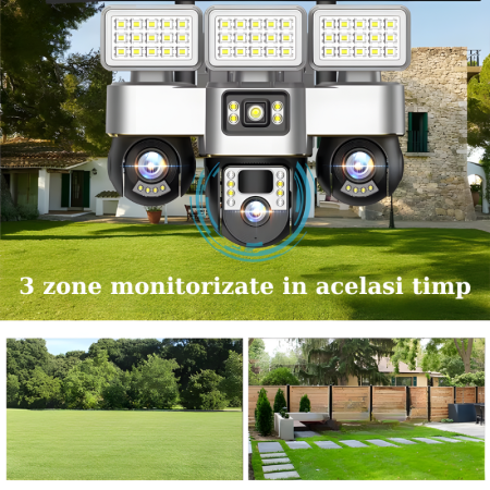 Camera de supraveghere tripla MaGeCa WiFi cu proiector LED, 12MP Full HD, 3 zone supravegheate simultan, Comunicare bidirectionala, Detectarea miscarii, Vedere nocturna, Rezistanta la apa IP66, Stocar [1]
