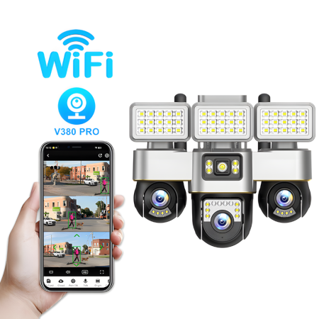 Camere de supraveghere - Camera de supraveghere tripla MaGeCa WiFi cu proiector LED, 12MP Full HD, 3 zone supravegheate simultan, Comunicare bidirectionala, Detectarea miscarii, Vedere nocturna, Rezistanta la apa IP66, Stocar
