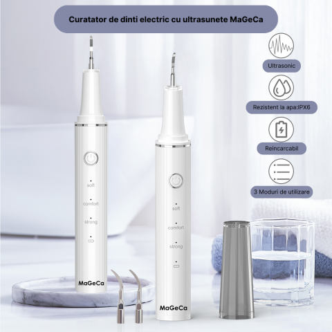 Dispozitiv pentru curatarea dintilor cu ultrasunete MaGeCa®, indeparteaza tartrul si petele, 3 trepte de viteza, rezistent la apa, incarcare USB Type-C, Alb [3]