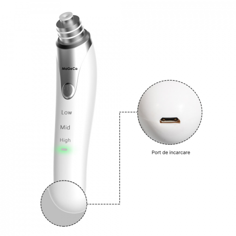 Dispozitiv pentru indepartat puncte negre MaGeCa®, cu vacuum, 3 trepte de absorbtie, 3 capete interschimbabile, curatarea tenului de acnee si grasime, baterie 600 mAh, incarcare USB, alb [5]