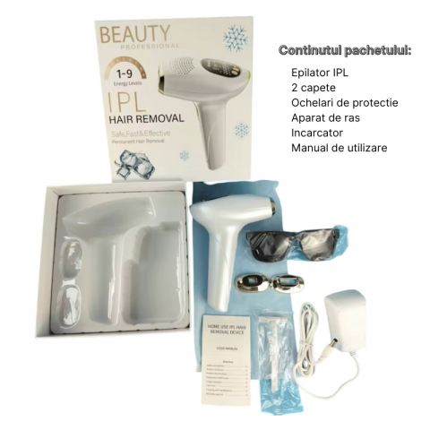 Epilator IPL MaGeCa, 9 trepte de intensitate, fara punct de inghet, 999.999 impulsuri, 3 moduri de actionare, indepartarea parului cu laser, intinerirea pielii si eliminarea acneei, 2 capete incluse, [5]