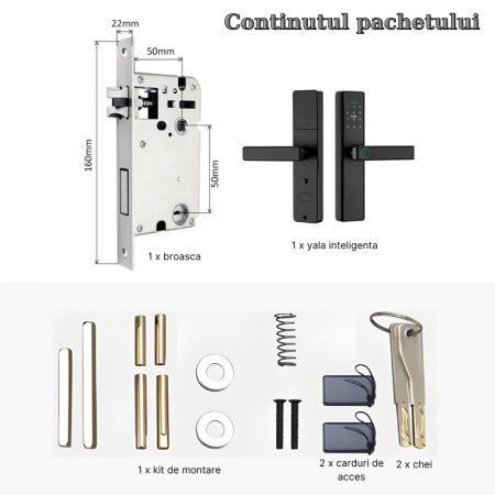 Incuietoare inteligenta wireless MaGeCa®, Control de la distanta, 5 moduri de acces, Aplicatie Tuya compatibila Android si IOS, Amprenta, Cod PIN, 2 chei, 2 cartele, Broasca inclusa, Neagra [7]