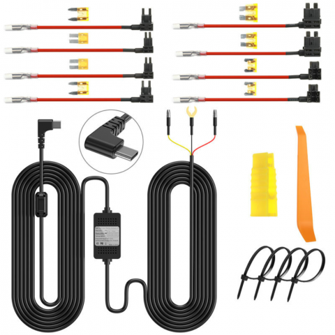 Accesorii electronice auto - Kit alimentare continua camera auto la panoul de sigurante, 12-24V la Type-C 5V/3A, Lungime cablu 3.5m, protectie descarcare baterie, 4 adaptoare sigurante incluse