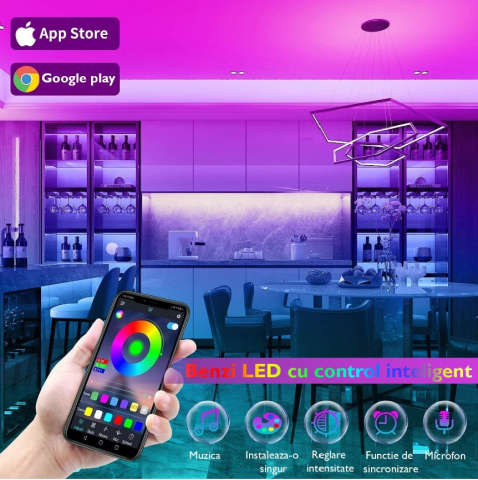 Kit banda LED MaGeCa® 5050 RGB, 10m, Control APP/Bluetooth/Telecomanda, Schimbare Culori Pe Ritmul Muzicii, Intensitate Reglabila, 12V, Multicolor [1]