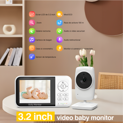 Monitor pentru bebelusi WIFI MC632B cu ecran de 3.2 inch, Vedere nocturna, Audio bidirectional, Senzor de temperatura, Mod ECO, Ceas si cronometru, Cantece de leagan, Zoom 2X, Baterie 2100 mAh [2]