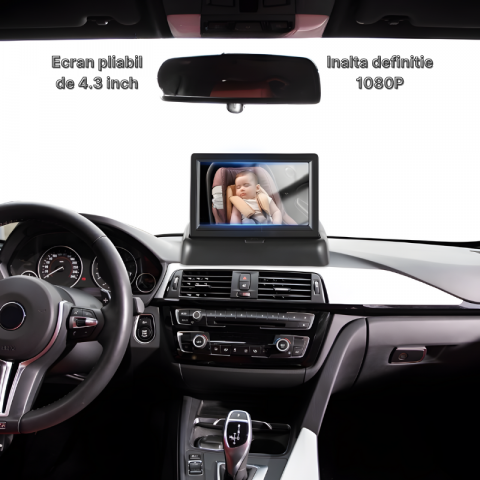 Monitor pentru masina cu camera pentru monitorizarea bebelusilor si a copiilor pentru scaunul din spate, Ecran IPS 4.3 inch, Camera Full HD 1080P cu vedere nocturna, Unghi larg 150°, Incarcare brichet [1]