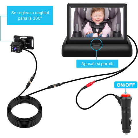 Monitor pentru masina cu camera pentru monitorizarea bebelusilor si a copiilor pentru scaunul din spate, Ecran IPS 4.3 inch, Camera Full HD 1080P cu vedere nocturna, Unghi larg 150°, Incarcare brichet [3]