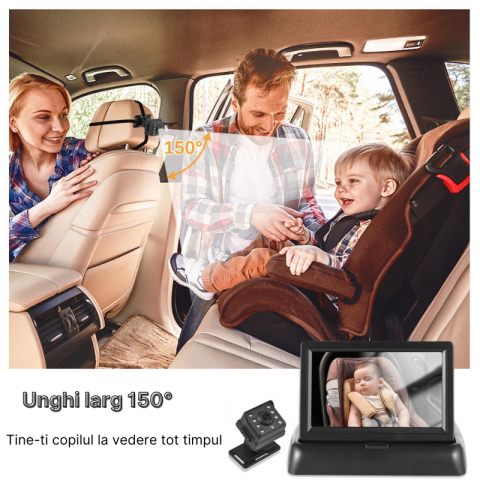 Monitor pentru masina cu camera pentru monitorizarea bebelusilor si a copiilor pentru scaunul din spate, Ecran IPS 4.3 inch, Camera Full HD 1080P cu vedere nocturna, Unghi larg 150°, Incarcare brichet [5]
