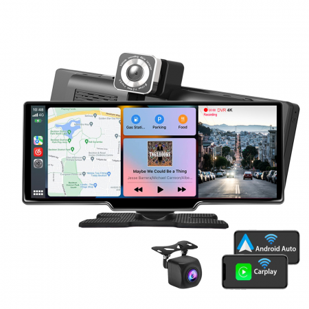 Navigatii auto - Navigatie auto multimedia C200, Apple CarPlay/Android Auto Wireless, Display tactil 10.26 inch, 2 camere-4K fata/1080P spate, Bluetooth, Mirror Link, USB, GPS/Siri, FM/AUX, Universala, Negru