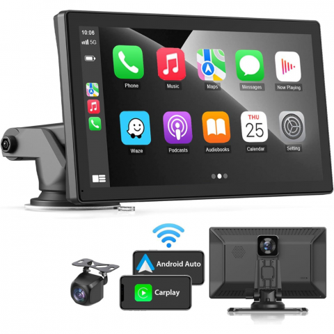Navigatie auto multimedia MaGeCa, Apple CarPlay/Android Auto Wireless, Display tactil 9 inch, 2 camere-4K fata/1080P spate, Bluetooth, Mirror Link/Card SD/USB/AUX, Portabila, Universala, Negru [1]