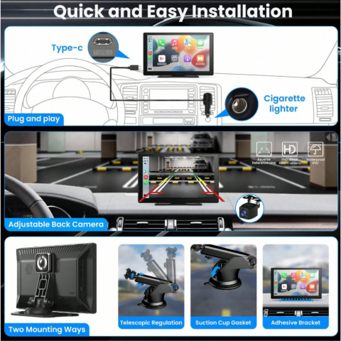 Navigatie auto multimedia MaGeCa, Apple CarPlay/Android Auto Wireless, Display tactil 9 inch, 2 camere-4K fata/1080P spate, Bluetooth, Mirror Link/Card SD/USB/AUX, Portabila, Universala, Negru [5]