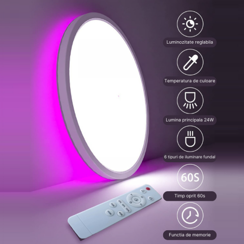 Aplice si plafoniere - Plafoniera LED inteligenta MaGeCa®, RGB, 24W, Temperatura si intensitate lumina reglabile, Lumina calda/neutra/rece, Telecomanda, Aplicatie telefon compatibila Google Assistant/Amazon Alexa