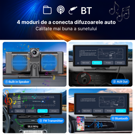 RESIGILAT - Navigatie auto multimedia C200, Apple CarPlay/Android Auto Wireless, Display tactil 10.26 inch, 2 camere-4K fata/1080P spate, Bluetooth, Mirror Link, USB, GPS/Siri, FM/AUX, Universala, Neg [4]