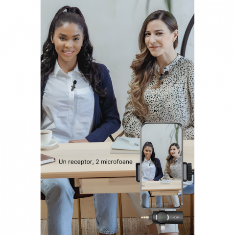 Set 2 microfoane wireless MaGeCa®, tip lavaliera 3 in 1, Reducerea zgomotului pentru inregistrarea video in aer liber, Compatibil cu iPhone/Type-C/Camera/Laptop, Negru [8]