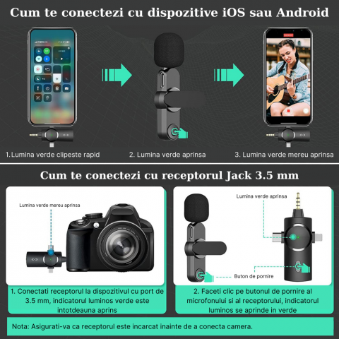 Set 2 microfoane wireless MaGeCa®, tip lavaliera 3 in 1, Reducerea zgomotului pentru inregistrarea video in aer liber, Compatibil cu iPhone/Type-C/Camera/Laptop, Negru [6]