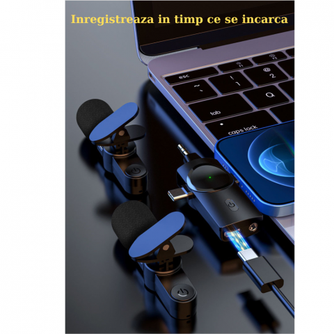 Set 2 microfoane wireless MaGeCa®, tip lavaliera 3 in 1, Reducerea zgomotului pentru inregistrarea video in aer liber, Compatibil cu iPhone/Type-C/Camera/Laptop, Negru [5]