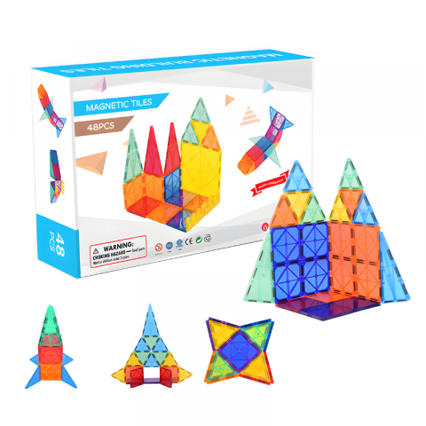 Jucarii - Set inteligent de constructie cu blocuri magnetice MaGeCa®, 48 de piese colorate, Magnetic Tiles 3D, Educativ si creativ, Dezvoltarea abilitatilor motrice si a imaginatiei, Numeroase posibilitati de c