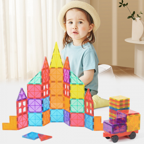 Set inteligent de constructie cu blocuri magnetice MaGeCa®, 78 de piese colorate, Magnetic Tiles 3D, Educativ si creativ, Dezvoltarea abilitatilor motrice si a imaginatiei, Numeroase posibilitati de c [5]