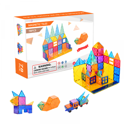 Jucarii - Set inteligent de constructie cu blocuri magnetice MaGeCa®, 78 de piese colorate, Magnetic Tiles 3D, Educativ si creativ, Dezvoltarea abilitatilor motrice si a imaginatiei, Numeroase posibilitati de c