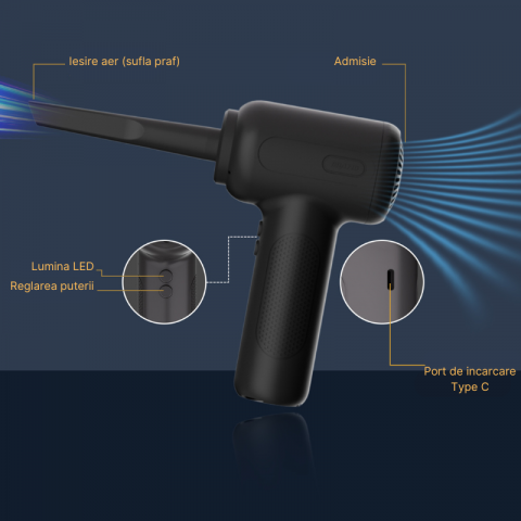 Suflanta aer si aspirator MaGeCa® 2 in 1, fara fir, multiple accesorii, lanterna LED, 3 trepte de viteza, pentru casa si masina, incarcare USB-C, 68 W [2]