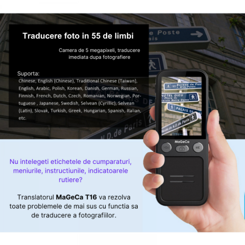 Translator inteligent MaGeCa® T16, Traducere vocala bidirectionala in 137 de limbi online si offline, Traducator text, fotografii in 55 de limbi, WIFI, Ecran tactil 2.4 inchi, 8Gb, Negru [6]