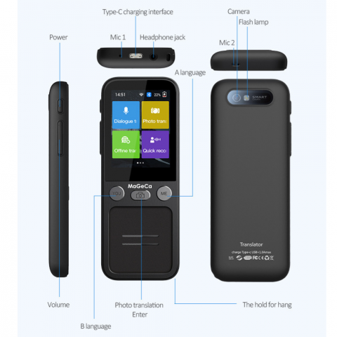 Translator inteligent MaGeCa® T16, Traducere vocala bidirectionala in 137 de limbi online si offline, Traducator text, fotografii in 55 de limbi, WIFI, Ecran tactil 2.4 inchi, 8Gb, Negru [9]