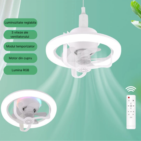 Ventilator de tavan MaGeCa®, Iluminare LED, Functie de scuturare, Telecomanda, Control de la distanta al luminii, vitezei vantului si efect RGB, Aromaterapie, Design modern, Soclu universal E27 [1]