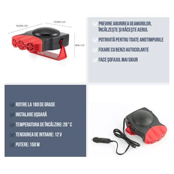 Aeroterma auto cu aer cald si rece pentru incalzire si dezaburire, 12 V, putere 200 W [3]