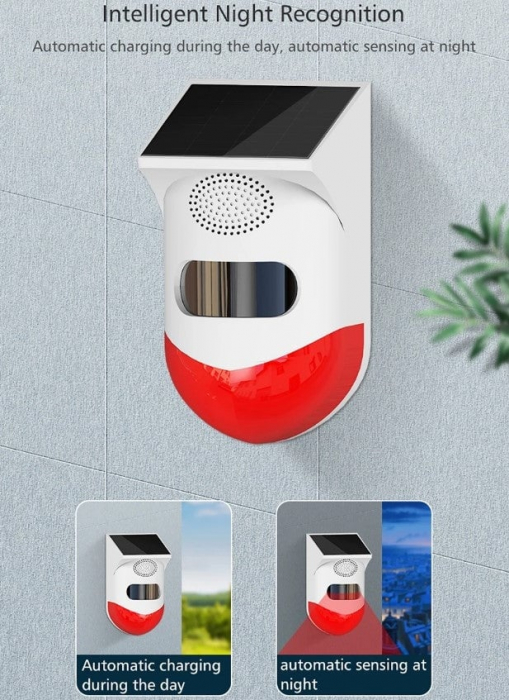 Alarma cu detector de miscare PIR, incarcare solara sau USB, IP65, cu telecomanda, control din aplicatie, alb-rosu [14]